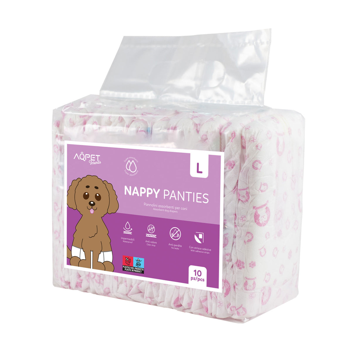AQPET FRIENDS Nappy Panties Pannolini A Fascia Per Cani Femmina 10 Pezzi Assorbenti Igiene Quotidiana