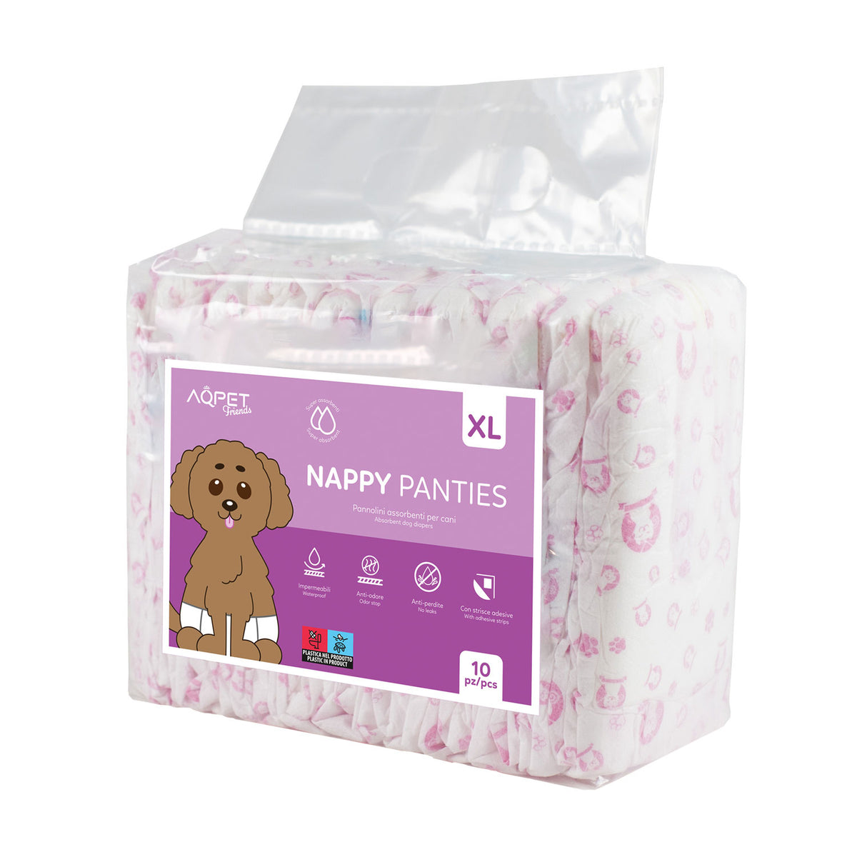 AQPET FRIENDS Nappy Panties Pannolini A Fascia Per Cani Femmina 10 Pezzi Assorbenti Igiene Quotidiana