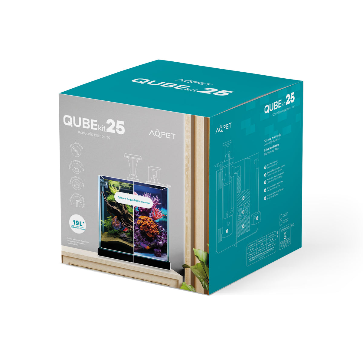 AQPET GLASS AQUARIUM QUBE 25 COMPLETE SET LIGHT + PUMP + FILTER MATERIALS