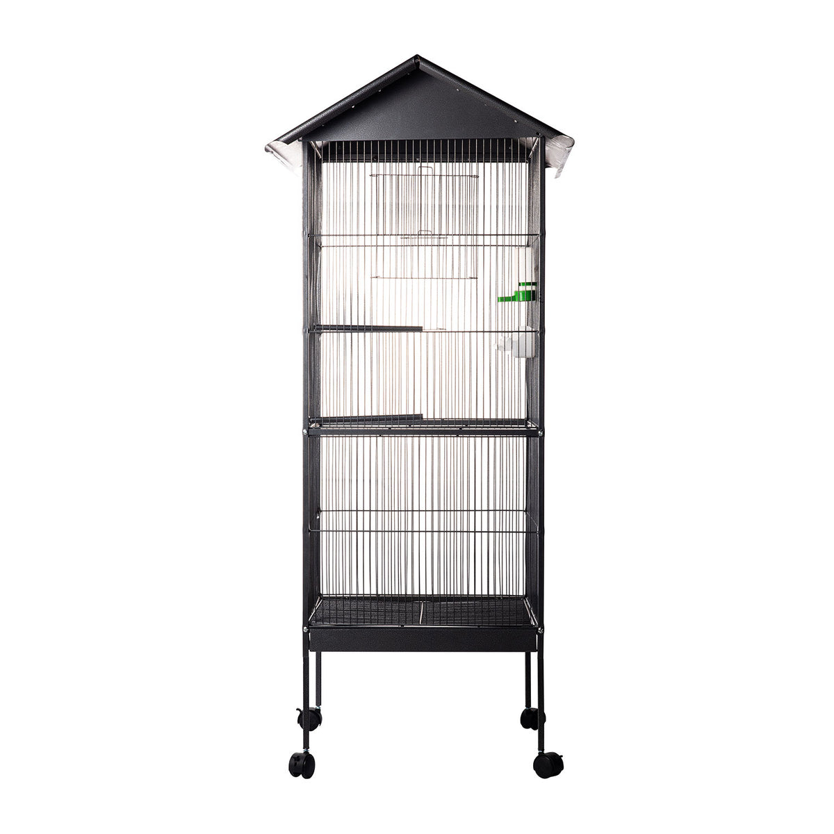 AQPET FRIENDS Voliera con Tetto per Uccelli Grandi e Canarini, Gabbia in Metallo con Piedistallo e Ruote, Adatta per Interno ed Esterno, Dimensioni 157x52x52 cm, Nero