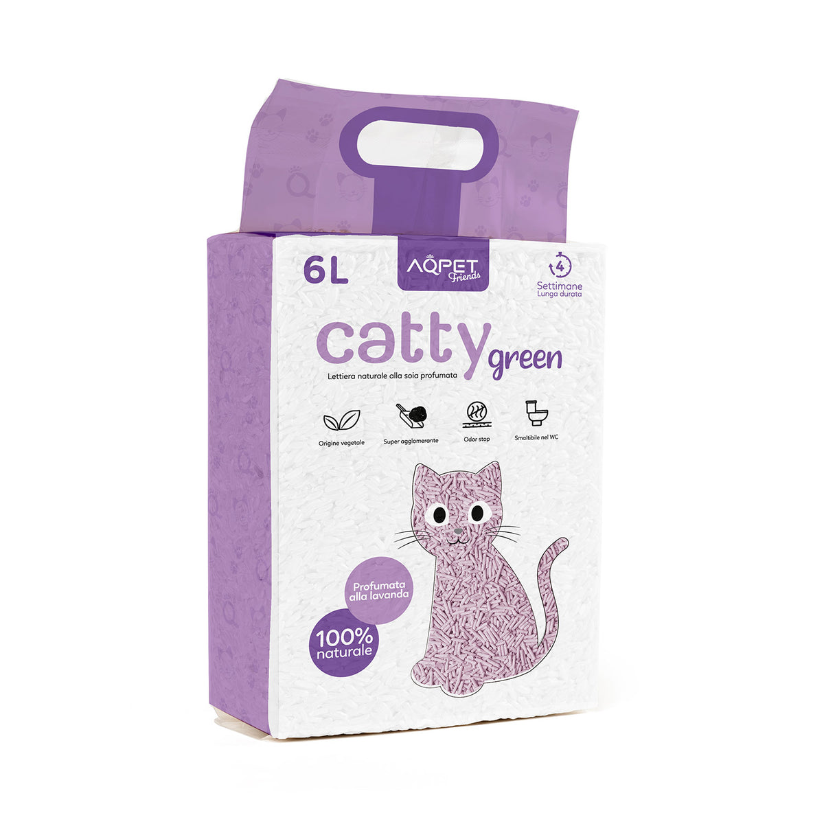 AQPET FRIENDS Catty Green Lettiera Alla Soia Profumazione Lavanda 6LT Per Gatti Super Assorbente Antiodore Igiene Gatto