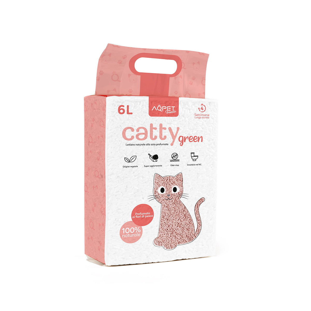 AQPET FRIENDS Catty Green Lettiera Alla Soia Profumazione Fiori Di Pesco 6LT Per Gatti Super Assorbente Antiodore Igiene Gatto