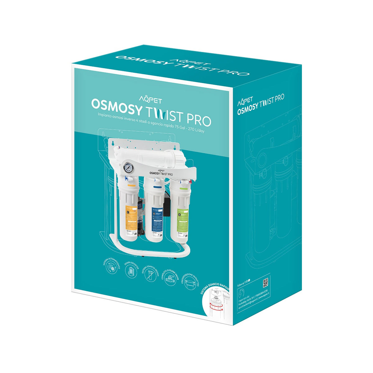 AQPET OSMOSY TWIST IMPIANTO OSMOSI INVERSA TWIST 4 PRO STADI 75 GALLONI VONTRON NUOVO SISTEMA SGANCIO RAPIDO